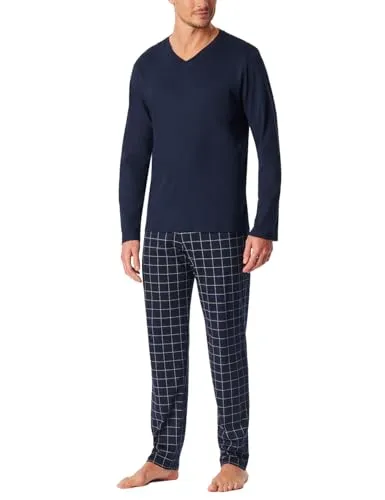 Schiesser Herren Fine Interlock Pyjamaset, Nachtblau - Schlafanzug für Herren mit langärmligem Oberteil und komfortabler karierter Hose, ideal für entspannte Nächte und gemütliche Stunden zu Hause.