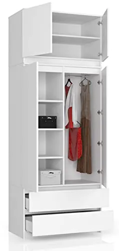 BDW Kleiderschrank mit 4 Türen, 4 Einlegeböden, Kleiderbügel, 2 Schubladen - Aufbewahrungsschrank - Moderner Schrank für das Schlafzimmer Wohnzimmer Diele - 234x90x51cm - Weiß