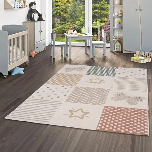 Happy Kids Kinder Butterfly Bunt Creme - Weich, Strapazierfähig & Schadstoffgeprüft - Hoch-Tief-Struktur, 100% Polypropylen, Pflegeleicht, rutschfest - Perfekt für Kinderzimmer