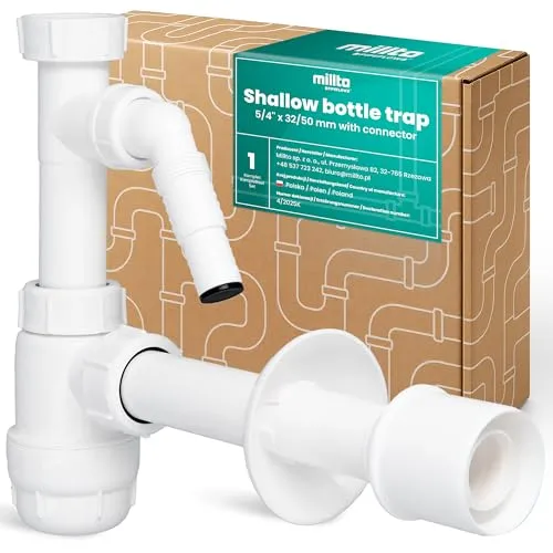 Millto Siphon Flaschensiphon 5/4'' 32/50 mm Geruchsverschluss für Waschbecken Spüle Bad Küche Universell Kompakter Kleiner mit Geräteanschlüss Anschluss Wasseranschluss Kunststoff