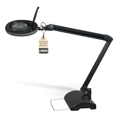 Lumeno LED Lupenleuchte 7218SW - Schreibtischlampe mit 127 mm Echtglaslinse, ideal für Kosmetik und Bastler, bietet bis zu 8 Dioptrien für präzise Detailansicht und gleichmäßige Ausleuchtung dank 60 LEDs.