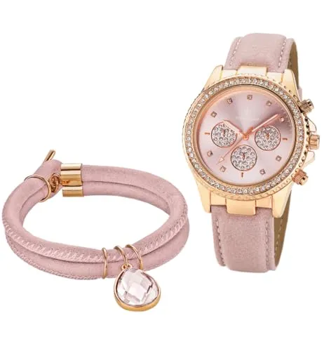 Crystal Blue Damen Armbanduhr Set Damenuhr Rose Chrono-Style Leuchtzeiger Plus Knebelarmband Nude 6577