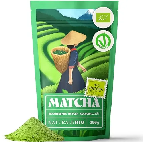 NaturaleBio Bio Green Tea Pulver 200g. Zum Kochen und Backen. Originaler japanischer Matcha. Grüner Tee aus Japan, Vegan, Gluten & Gentechnik frei. Natürliches Bio-Produkt.