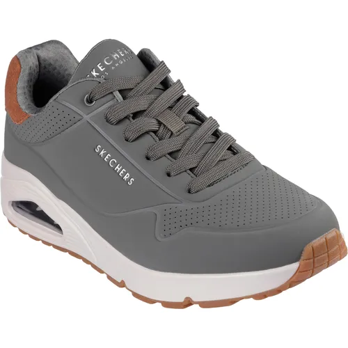 SKECHERS UNO-SUITED ON AIR Herren Sneaker, Gr. 44, olivgrün - Sportliche Sneaker aus Lederimitat mit modischer Keilsohle und Skechers Air-Cooled Memory Foam für optimalen Komfort. Ideal für Freizeit und aktive Tage.