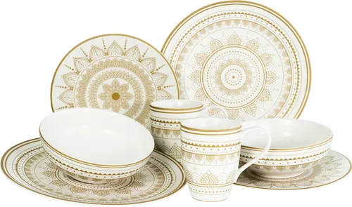CreaTable Mandala Gold 8-teiliges Geschirrset - Kombiservice mit fernöstlichem Flair, spülmaschinen- und mikrowellengeeignet, ideal für stilvolle Tischgestaltungen.
