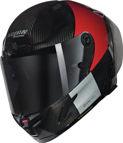 Nolan X-804 RS Ultra Carbon Combo Gara Helm, schwarz-rot, Größe M - Motorradhelm aus leichtem Carbon, homologiert und ideal für sportliche Fahrer, mit einem Gewicht von nur 1.390 g für optimalen Tragekomfort.