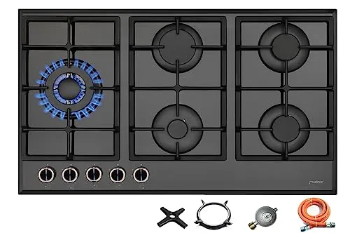 Phönix Germany Gas-Kochfeld PG-901LT, 5-flammiger Gaskocher mit Zündsicherung - Kochfelder: 5-flammiges Gaskochfeld mit stufenloser Temperaturregelung und Zündsicherung für sicheres und präzises Kochen.