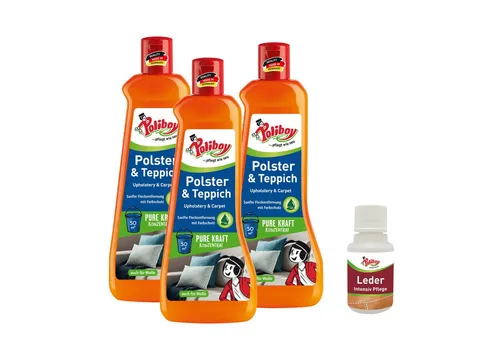 Poliboy Teppichreiniger Konzentrat 3x500ml mit Leder Probe - Effektiver Teppichreiniger für Polster und Teppiche, schonend und vielseitig einsetzbar für verschiedene Materialien. Hält Ihre Möbel und Teppiche in Top-Zustand!