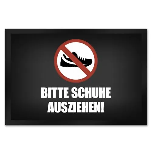 trendaffe Bitte Schuhe ausziehen Fußmatte XL - XL Fußmatte mit witzigem Verbot Motiv. Maße: ca. 60x40 cm, rutschfeste Gummiunterseite für sicheren Halt. Hochwertiger Druck sorgt für lebendige Farben – ein echter Blickfang für jeden Eingangsbereich.
