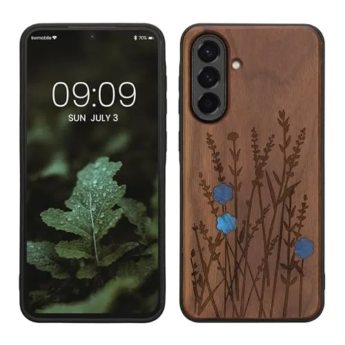 kwmobile Hülle kompatibel mit Samsung Galaxy A56 5G Hülle - Holz Case - Handy Cover - TPU Handyhülle in Dunkelbraun Perlmutt-Lavendel