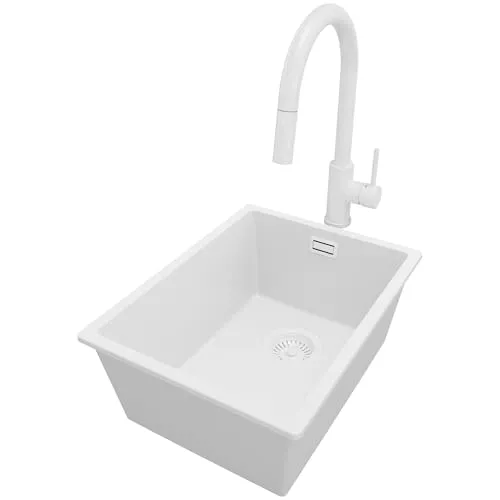 PRIMAGRAN Granitspüle Alles Weiß 36x47cm, Spülbecken 1 Becken + Küchenarmatur 40x20cm + Ablauf-Set, Küchenspüle ab 40er Unterschrank - London Slim S016