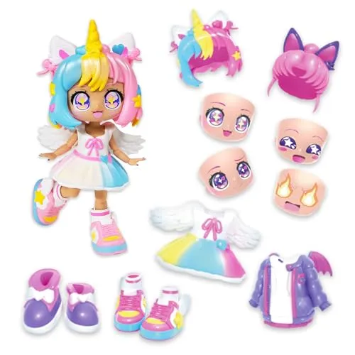 BANDAI - Animakii Einhorn und Fledermaus - Set Personalisierbare Puppen - 1 Puppe, 4 Gesichter, 2 Frisuren, 2 Outfits, 2 Paar Schuhe - Kreatives Spielzeug ab 5 Jahren - HEA26348