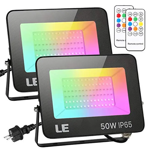 Lepro 50W LED Strahler RGB mit RF-Fernbedienung, 2er Wasserdicht LED Fluter mit Memory-Funktion, Dimmbar Farbwechsel Außenstrahler, IP65 Farbig Außenlampe, Bunt Flutlicht für Garten, Party Deko, Hotel