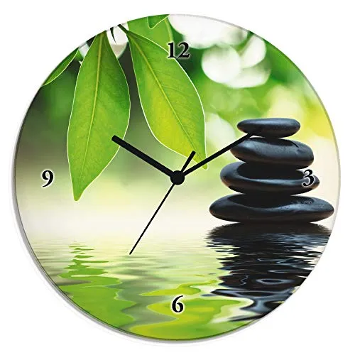 ARTland Glas Wanduhr - Zen Steinpyramide auf Wasseroberfläche - Wanduhr aus 4mm Float-Glas mit geräuschlosem Quarzuhrwerk. Ideal für Küche oder Wohnzimmer, bringt Ruhe mit ihrem Zen-Motiv und freischwebender Optik.