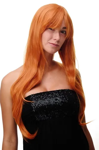 Perücke Damenperücke Orange hell Rot sehr lang Pony gescheitelt glatt 70cm 3111
