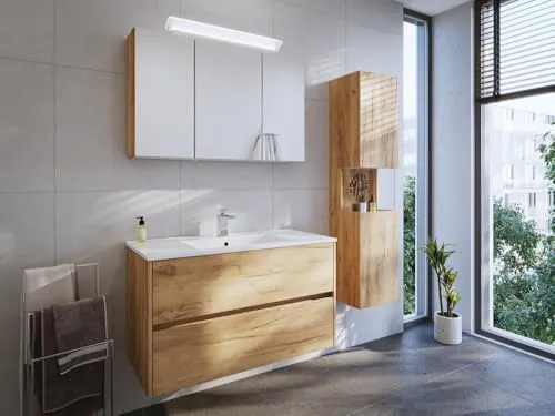 Magnolia Home Waschtisch Badmöbel Set Taifun 3tlg. 100 cm - Hochwertiges Badmöbel-Set mit Spiegelschrank und Hochschrank. Robuste Oberflächen und durchdachte Softclose-Funktion für eine langlebige Nutzung. Ideal für moderne Badezimmer.