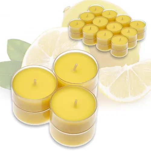 Candelo 24er Set Duft Kerzen Zitrone - Duftteelichter Citronella - Teelicht in Kunststoff Hülle Zitronenduft - 4 Std Brenndauer - Teelichter Zitronella Deko Frühlingskerze