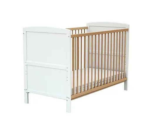 AT4 - BabyBett Holz 60x120 ESSENTIEL Weiß und lackierte Buche | 124 x 64 x 86,5 cm | Kinderbett | Bett umbaubar zum Juniorbett |Umbaubares Gitterbett