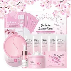 Sakura Skincare Set – Komplettes Pflege-Set mit Gesichtsserum, Gesichtscreme, Lippenmaske und mehr