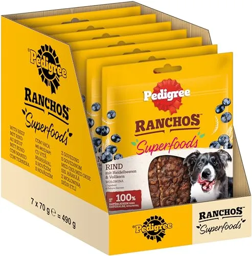 PEDIGREE® RANCHOS™ Superfoods Rind mit Heidelbeeren & Vollkorn 7x70g - Leckerbissen für Hunde, reich an Rindfleisch, kombiniert mit gesunden Heidelbeeren und Vollkorn für ein schmackhaftes Erlebnis. Ideal für die tägliche Belohnung Ihres Vierbeiners!