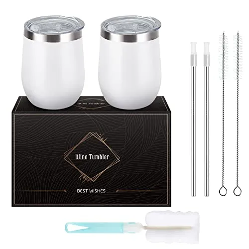 Livole 2 Stück Edelstahl Weinbecher, 12oz 350ml Doppelwandig Weinbecher mit Deckel und Strohhalmpinsel, Vakuumisolierte Reisekaffeetasse für Kaffee, Champagner, Weingläser aus Edelstahl