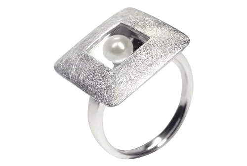 SILBERMOOS Damen Ring Damenring Platte quadratisch mit Perle gebürstet Sterling Silber 925, Größe:60