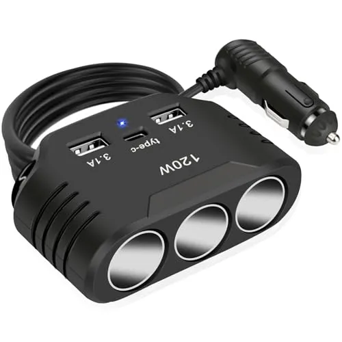 12V USB Verteiler 120W Kfz Zigarettenanzünder Adapter Auto Ladegerät 3 Mehrfach Steckdose Splitter DC 24V Stecker Ladekabel mit 3 USB Anschlüsse für Handy Sitzheizung GPS DashCam Navi