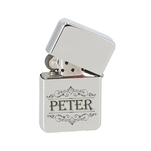 Lantelme Sturmfeuerzeug personalisiert mit Wunschgravur | Feuerzeug Metall in Silber Graviert als Geschenk für Erwachsene Frauen Männer Gravur Oma Opa | Wunschname Wunschtext (Silber)