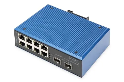 DIGITUS 10-Port Fast Ethernet Switch - Switch u. Bridges mit 8x RJ45 und 2x Gigabit SFP-Uplink, IP40, ideal für raue Umgebungen dank Betriebstemperatur von -40° bis 80°C und einfacher Hutschienenmontage.