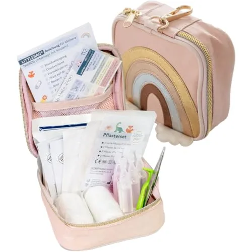 Littleplan littlebag Rainbow, Erste-Hilfe-Tasche für Babys und Kinder - Kategorie: Kinderpflaster. 34 Teile für Notfälle, inklusive 10-seitigem Handout mit wichtigen Anleitungen und einem Karabinerhaken zur einfachen Befestigung.