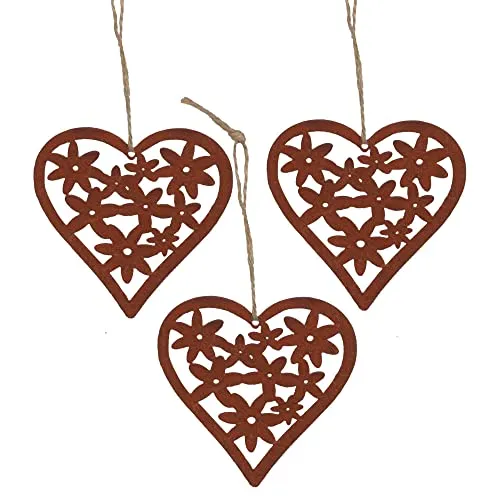 UNUS Deko Herz mit Blumen Rost 3er Set zum Aufhängen mit Jutekordel, Edelrost Deko für Garten, Terrasse, Balkon und Zuhause