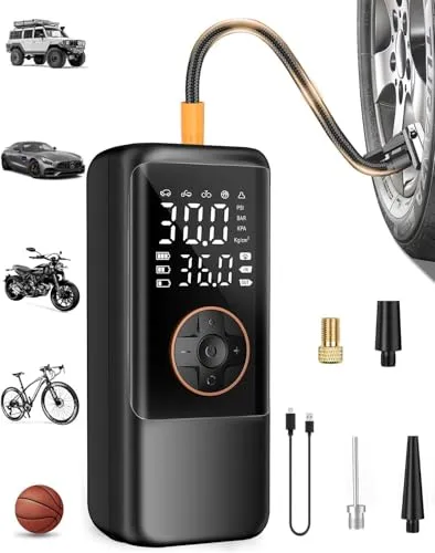 Elektrische Luftpump mit Akku, 150 PSI Luftpumpe für Fahrradpumpe, Tragbar Mini Kompressor mit Manometer & Doppelt-LED-Anzeige, 12V DC Elektrische Autoreifen für Autos, Motorräder, Fahrräder und Bälle