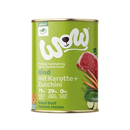 WOW Hundefutter nass Adult mit Rind, 6X 400g I reichhaltiges Nassfutter für ausgewachsene Hunde Aller Rassen I Beste Qualität mit viel Fleisch, Karotte & Zucchini I hohe Akzeptanz & Verträglichkeit
