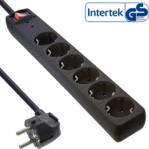 InLine Steckdosenleiste, 6-fach Schutzkontakt, mit ÜSS, schwarz, 1,5 m, 1,5 mm², Schwarz, Kunststoff, 6 AC-Ausgänge, 451 g