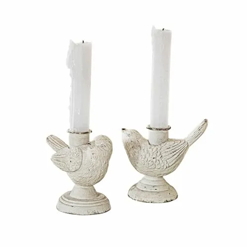 Loberon Kerzenständer 2er Set Finna, süßes Vogel-Design, liebevoll handbemalt, mit attraktivem Antik-Finish, Kerzenhalter, Ostern, Osterdekoration, Polyresin, Eisen, antikweiß