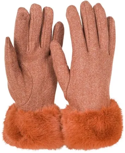 styleBREAKER Damen Unifarbene Touchscreen Stoff Handschuhe mit Kunstfell Besatz am Bund, warme Fingerhandschuhe Winter 09010028, Farbe:Cognac