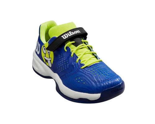 Wilson Kaos Emo Klett Allcourt 2024 - Kleinkinder Tennisschuh in Blau/Gelb - Tennisschuhe für Kleinkinder mit leichtem Schaft und verspieltem Emoji-Design, ideal für schnelle Bewegungen auf dem Platz. EVA-Zwischensohle sorgt für Komfort und Frische.