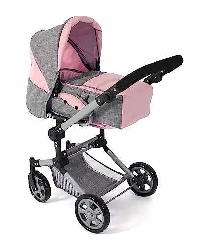 Bayer Chic 2000® 3in1 Kombi Puppenwagen Jara – Melange Grau Rosa - Puppenwagen mit 3-in-1-Funktion: Kombinierbar als Puppenwagen, Sportwagen oder Tragetasche. Höhenverstellbarer Griff für Kinder von 4-8 Jahren. Ideal für fantasievolles Spielen!