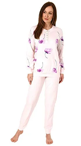 Eleganter Damen Pyjama Schlafanzug Langarm mit Bündchen und Blumenprint - 291 201 90 193, Farbe:rosa, Größe2:52/54