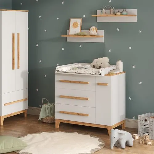 VitaliSpa Wickelkommode Malia, Weiß/Artisan, 98 x 98 cm mit Schubladen - Praktische Wickelkommode mit großzügigem Stauraum für Windeln und Pflegeprodukte. Robuste Verarbeitung und durchdachte Innenaufteilung erleichtern den Alltag mit Ihrem Baby. Maße: 98 x 98 x 52 cm.