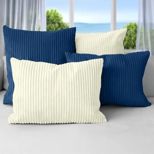 Amilian Dekokissen 4er Set mit Füllung – Sofakissen Set in Mitternachtsblau und Lichtblüte