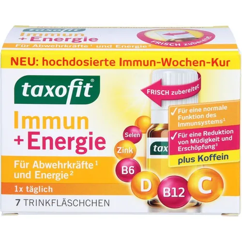 Taxofit Immun & Energie Trinkampullen - Nahrungsergänzungsmittel mit Vitaminen und Koffein, ideal für aktive Lebensstile. Unterstützt das Immunsystem und reduziert Müdigkeit.