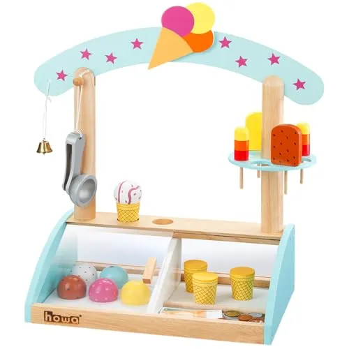 howa Eisdiele Kinder Holz - Eisladen mit vielseitigem Zubehör, fördert Kreativität und Sozialverhalten, inkl. Spielgeld und Eisportionierer