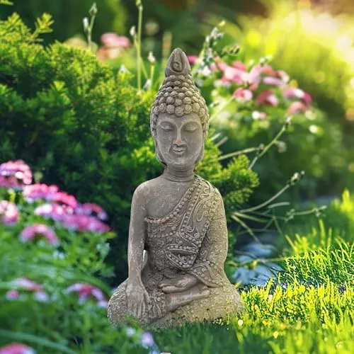 K&L Wall Art Buddha Figur Steinoptik Sitzende Buddhastatue Feng Shui Deko Fensterbank Dekofigur Kunststein (Betonoptik, 15x11x25 cm)