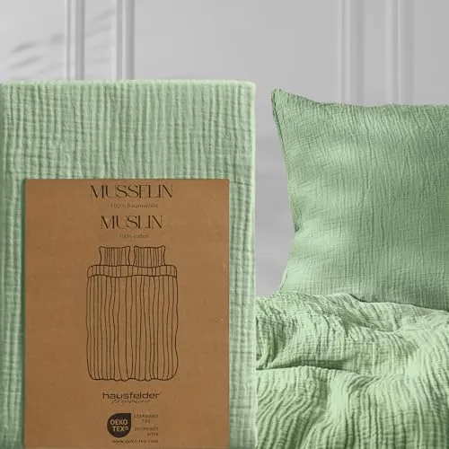 Hausfelder Musselin Kissenbezug 40x80 cm, Kopfkissenbezug 40 x 80 aus atmungsaktiver Baumwolle, Oeko-TEX Kissenhülle Grün, superweicher Musselinkissenbezug