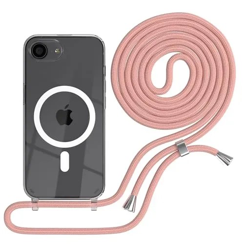 EAZY CASE - Handykette kompatibel mit iPhone 16e Kette zum Umhängen Stoßfest Handyhülle für Silikon Hülle mit Band Handytasche Transparent als Fallschutz in Alt Rosa - Clips Silber