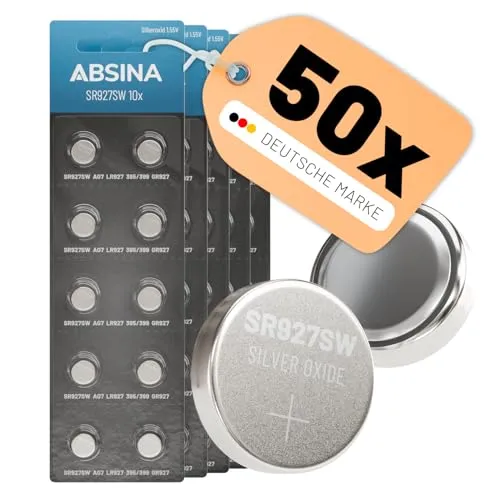 ABSINA 50x SR927SW Uhrenbatterie 1,55V Silberoxid - SR927SW Uhrenbatterien - SR927 Batterie 395/399 / AG7 / LR927 - SR927W Uhrenbatterie auslaufsicher & Lange Haltbarkeit - LR927 Knopfzelle