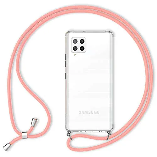 NALIA Handykette für Samsung Galaxy A42 5G - Transparentes Hybrid-Case & Band - HANGIT (Anti-Gelb Rückseite & Verstellbar) - Marke aus Berlin, Farbe:Muschel Rosa