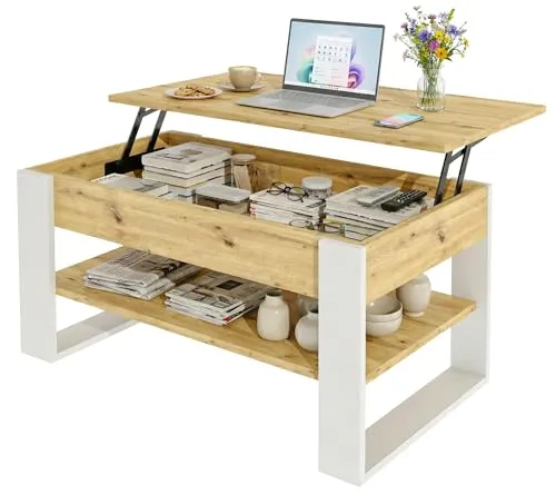 möbelkap Couchtisch mit anhebbarer Platte – Höhenverstellbarer Wohnzimmertisch mit Stauraum in Eiche Artisan Weiß - ⬆️ Flexibler Couchtisch mit anhebbarer Platte von 45 bis 63 cm – ideal zum Arbeiten oder Entspannen. 📦 Verstecktes Fach und Ablage bieten zusätzlichen Stauraum für Ihr Wohnzimmer. Modernes Design in Eiche Artisan Weiß, perfekt für jeden Wohnstil.