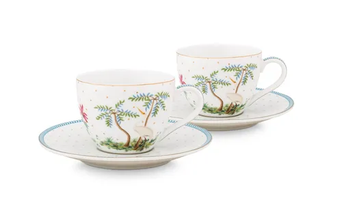 PIP STUDIO Jolie Dots Gold Espressotasse & Untertasse Set2 - Thermobehälter Set mit 2 Espressotassen und Untertassen, ideal für stilvolle Kaffeepausen. Genießen Sie exotisches Design mit goldenen Punkten und tropischen Motiven für ein festliches Urlaubsfeeling.